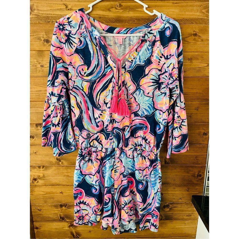 Lilly Pulitzer Del Lago Romper Nauti Navy Boho Bateau 3/4 Bell Sleeve Size XS
